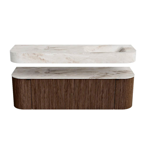 MONDIAZ THOR-DLUX 150cm badmeubel ronding links + rechts kleur Walnut met 1 lade en 2 deuren. Vrijhangende wastafel CLOUD Rechts zonder kraangat kleur Frappe. SW1464646