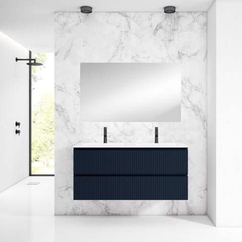 Saniclass Prime Blend Meuble de salle de bain - 120x55x46cm - 2 vasques rectangulaires en céramique blanc - 2 trous de robinet - 2 tiroirs - miroir rectangulaire - mat marine bleu SW917085