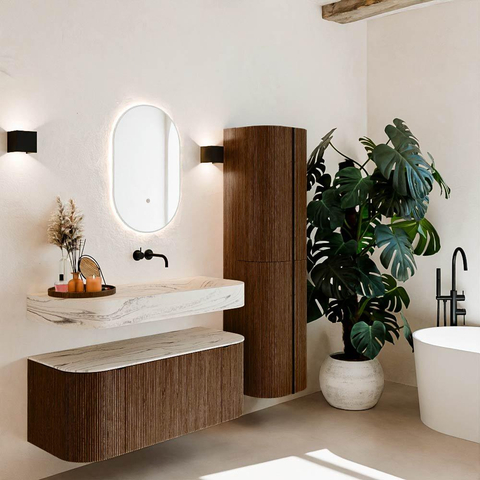 MONDIAZ THOR-DLUX 110cm badmeubel ronding links + rechts kleur Walnut met 1 lade en 2 deuren. Vrijhangende wastafel CLOUD Rechts zonder kraangat kleur Nata. SW1462947
