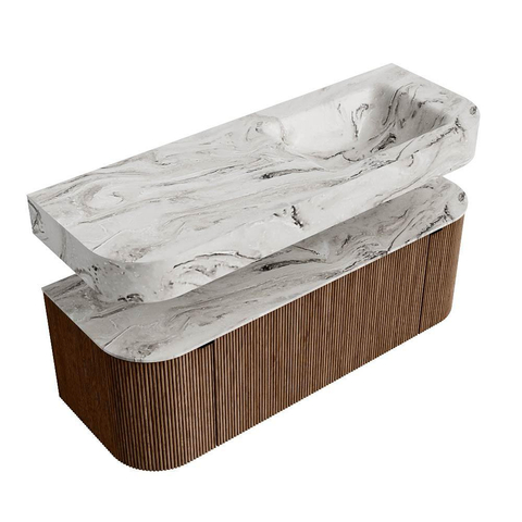 MONDIAZ THOR-DLUX 130cm badmeubel ronding links + rechts kleur Walnut met 1 lade en 2 deuren. Vrijhangende wastafel CLOUD Rechts 1 kraangat kleur Glace. SW1463602
