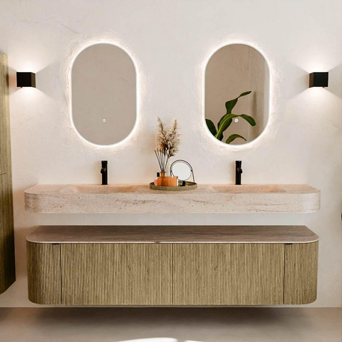 MONDIAZ THOR-DLUX 190cm meuble de salle de bains arrondi gauche + droite couleur Dusk avec 2 tiroirs et 2 portes. Vasque suspendue CLOUD Double 2 trous de robinet couleur Saba. SW1466662