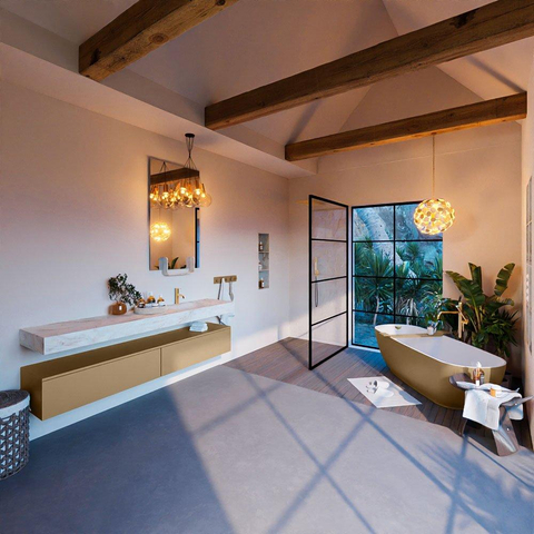 Mondiaz ALAN-DLUX Ensemble de meuble - 200cm - meuble Oro mat - 2 tiroirs - Lavabo Cloud Frappe suspendu - vasque Droite - 1 trou de robinet SW805333