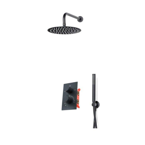Fortifura Calvi ensemble de douche pluie encastré – douche de tête Ø 25 cm – bras mural courbé 35 cm – douchette bâton 1 jet – flexible lisse – noir mat SW377850