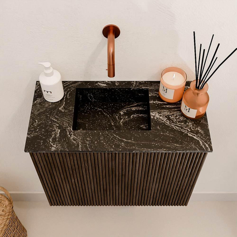 Mondiaz JOYA-DLUX 50cm toiletmeubel - kleur Walnut - Wastafel FAYE positie Links Zonder kraangat kleur Lava. SW1422479