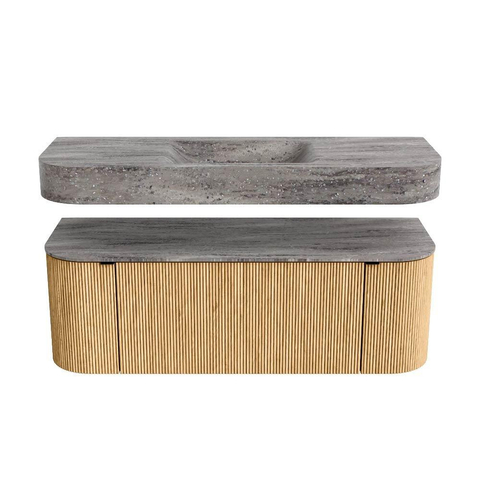 MONDIAZ THOR-DLUX 130cm badmeubel ronding links + rechts kleur Oak met 1 lade en 2 deuren. Vrijhangende wastafel CLOUD Midden zonder kraangat kleur Oza. SW1463970