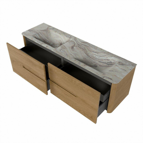 Mondiaz CIRO-DLUX Badkamermeubelset - 160x45x50cm - Solid surface wastafel Glace - 2 wasbak Dubbel - 2 kraangaten - 4 lades - Oak SW1530833
