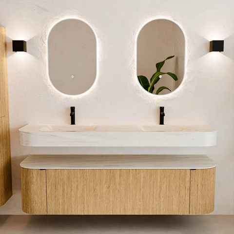 MONDIAZ THOR-DLUX Meuble de salle de bains - 170cm - arrondi gauche + droite - couleur Oak - 1 tiroir - 2 portes - Vasque suspendue CLOUD Double 2 trous de robinet - couleur Meli SW1465739