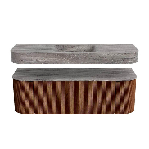 MONDIAZ THOR-DLUX 140cm meuble de salle de bains arrondi gauche + droite couleur Ruby avec 1 tiroir et 2 portes. Vasque suspendue CLOUD Milieu sans trou de robinet couleur Oza. SW1464284