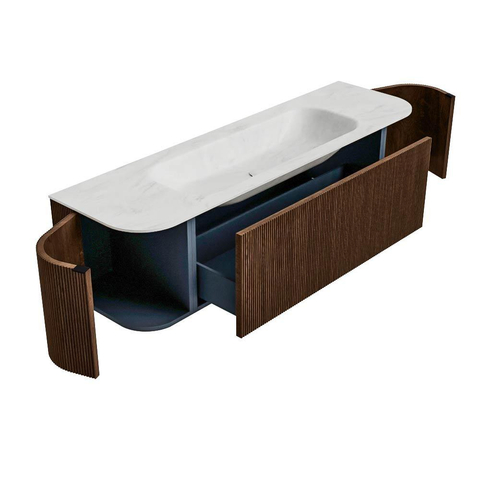 MONDIAZ KURVE-DLUX meuble de salle de bains 160 cm avec module 25 Len R couleur Walnut avec 1 tiroir et 2 portes. Lavabo BIG MEDIUM central 1 trou de robinet couleur Opalo. SW1137685