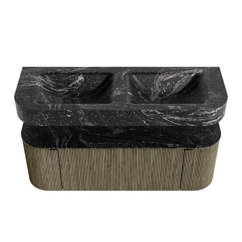 MONDIAZ THOR-DLUX 130cm meuble de salle de bains arrondi gauche + droite couleur Shadow avec 1 tiroir et 2 portes. Vasque suspendue CLOUD Double 2 trous de robinet couleur Lava. SW1463761