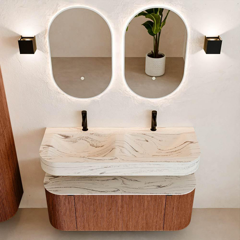MONDIAZ THOR-DLUX 120cm meuble de salle de bains arrondi gauche + droite couleur Ruby avec 1 tiroir et 2 portes. Vasque suspendue CLOUD Double 2 trous de robinet couleur Nata. SW1463393