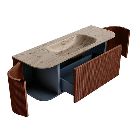 MONDIAZ KURVE-DLUX Meuble de salle de bains 130cm arrondi gauche + droite couleur Ruby avec 1 tiroir et 2 portes. Lavabo BIG SMALL central sans trou de robinet Arena. SW1431494
