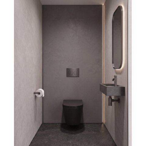 QeramiQ Dely Ensemble WC - 36.3x51.7cm - chasse profonde - sans rebord - réservoir encastré Geberit UP320 - avec cadre Burda - abattant WC softclose - plaque de commande gunmetal - boutons ronds - noir mat SW804627