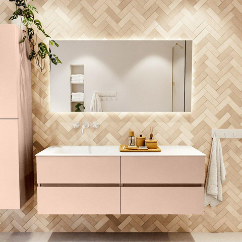 MONDIAZ VICA Ensemble meuble de salle de bains - 140cm - meuble bas rosee - 4 tiroirs - lavabo cloud gauche - sans trous de robinet - version haute 60cm - talc SW1083379