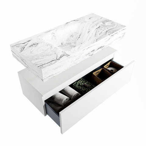 Mondiaz ALAN-DLUX Ensemble de meuble - 100cm - meuble Talc mat - 1 tiroir - Lavabo Cloud Glace suspendu - vasque Centre - 0 trous de robinet SW804956