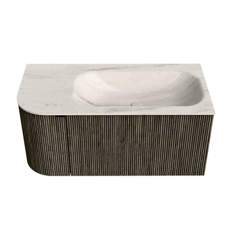 MONDIAZ KURVE-DLUX Meuble de salle de bains 95cm arrondi à gauche couleur Shadow avec 1 tiroir et 1 porte. Lavabo BIG SMALL à droite sans trou de robinet Meli. SW1431793