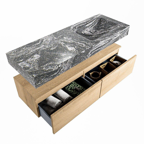Mondiaz ALAN-DLUX Ensemble de meuble - 130cm - meuble Washed Oak mat - 2 tiroirs - Lavabo Cloud Lava suspendu - vasque Droite - 0 trous de robinet SW809194