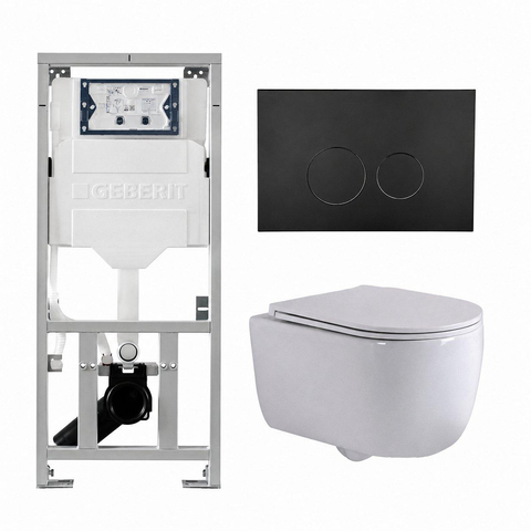 QeramiQ Dely Swirl Toiletset - 36.3x51.7cm - Geberit UP320 inbouwreservoir - met Burda frame - slim zitting - mat zwarte metalen bedieningsplaat - ronde knoppen - glans wit SW1126101