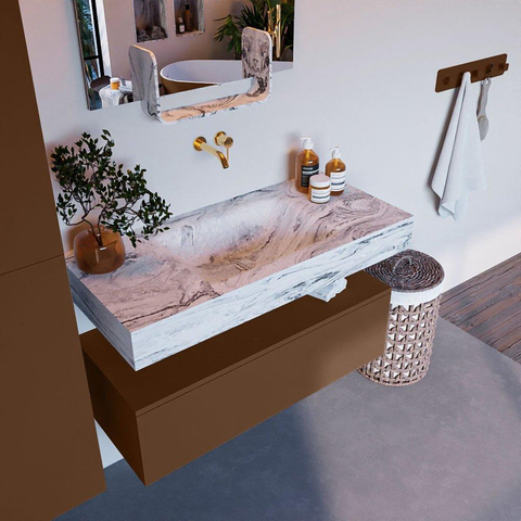 Mondiaz ALAN-DLUX Ensemble de meuble - 100cm - meuble Rust mat - 1 tiroir - Lavabo Cloud Glace suspendu - vasque Centre - 0 trous de robinet SW805678