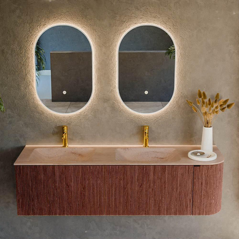 MONDIAZ KURVE-DLUX Meuble de salle de bains 155cm arrondi à droite couleur Ruby avec 2 tiroirs et 1 porte. Lavabo LEAF Double / Gauche 2 trous de robinet Saba. SW1433504