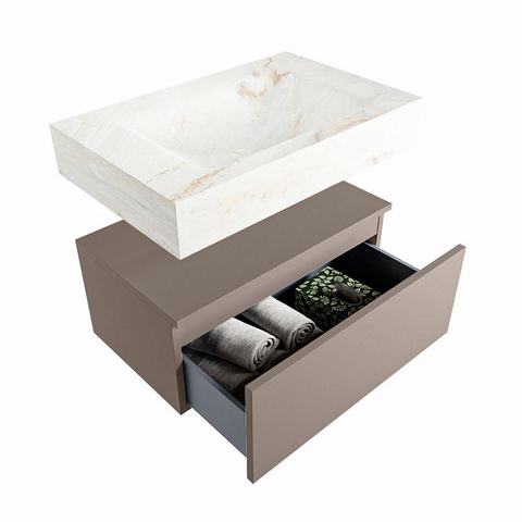 Mondiaz ALAN-DLUX Ensemble de meuble - 70cm - meuble Smoke mat - 1 tiroir - Lavabo Cloud Frappe suspendu - vasque Centre - 0 trous de robinet SW805028