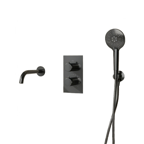 Fortifura Calvi Badkraan set - uitloop - 22cm inkortbaar - metalen slang - ronde handdouche - inbouwdeel - wandhouder - PVD - geborsteld gunmetal (antraciet) SW1244024