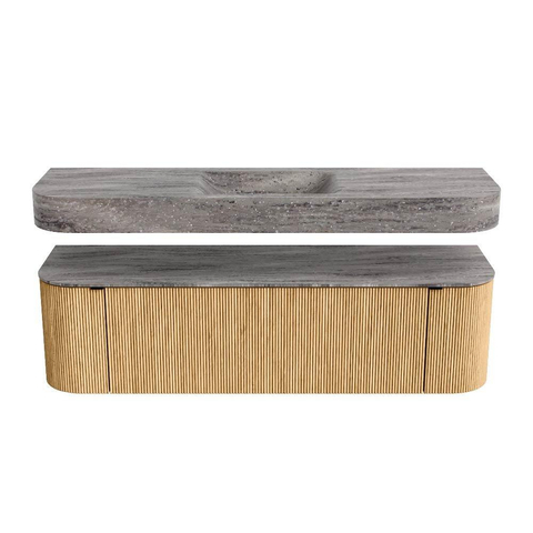 MONDIAZ THOR-DLUX 160cm meuble de salle de bains arrondi gauche + droite couleur Oak avec 1 tiroir et 2 portes. Vasque suspendue CLOUD Milieu 1 trou de robinet couleur Oza. SW1465324