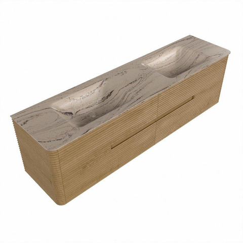 Mondiaz CIRO-DLUX Meuble de salle de bains - 180x45x50cm - Plan-vasque solid surface Arena - 2 vasques Double - 2 perçages de robinetterie - 4 tiroirs - Chêne SW1531369