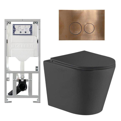 QeramiQ Dely Toiletset - 36.3x51.7cm - diepspoel - rimless - Geberit UP320 inbouwreservoir - met Burda frame - softclose toiletzitting - koperen bedieningsplaat - ronde knoppen - mat zwart SW804625