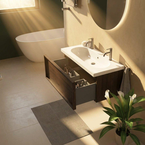 Saniclass Holz Frame Ensemble de meubles de salle de bains - 100x45x43.5cm - lavabo en céramique Palermo blanc - 1 vasque - 2 trous de robinetterie - 1 tiroir - chêne charcoal mat (bois) SW1478625