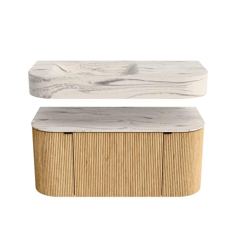 MONDIAZ THOR-DLUX 100cm meuble de salle de bains arrondi gauche + droite couleur Oak avec 1 tiroir et 2 portes. Vasque suspendue CLOUD Gauche sans trou de robinet couleur Nata. SW1467499