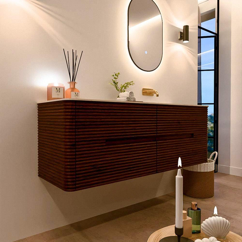 Mondiaz CIRO-DLUX Meuble de salle de bains - 140x45x50cm - Plan vasque Solid surface Meli - 1 vasque à droite - sans trous de robinetterie - 4 tiroirs - Ruby SW1531764