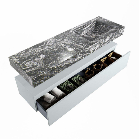 Mondiaz ALAN-DLUX Ensemble de meuble - 150cm - meuble Clay mat - 1 tiroir - Lavabo Cloud Lava suspendu - vasque Droite - 0 trous de robinet SW808642