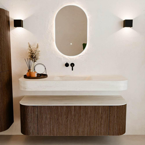 MONDIAZ THOR-DLUX Meuble de salle de bains - 140cm - arrondi gauche + droite - couleur Walnut - 1 tiroir et 2 portes - Vasque suspendue CLOUD Milieu sans trou de robinet - couleur Meli SW1464398