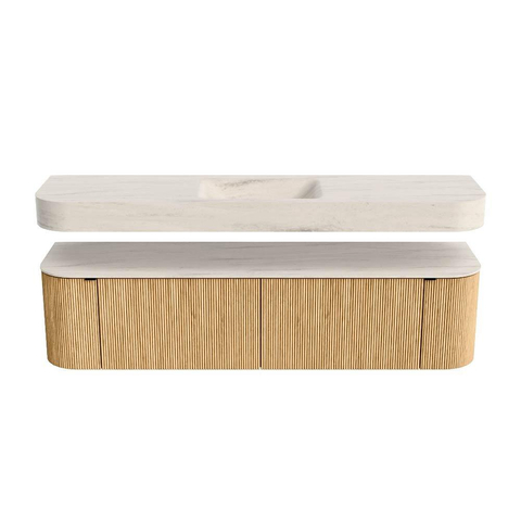MONDIAZ THOR-DLUX 180cm meuble de salle de bains arrondi gauche + droite couleur Oak avec 2 tiroirs et 2 portes. Vasque suspendue CLOUD Milieu sans trou de robinet couleur Meli. SW1466150