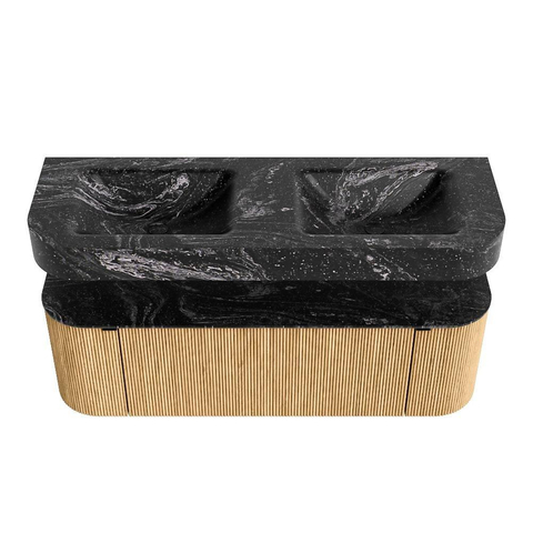MONDIAZ THOR-DLUX 140cm meuble de salle de bains arrondi gauche + droite couleur Oak avec 1 tiroir et 2 portes. Vasque suspendue CLOUD Double sans trou de robinet couleur Lava. SW1463962