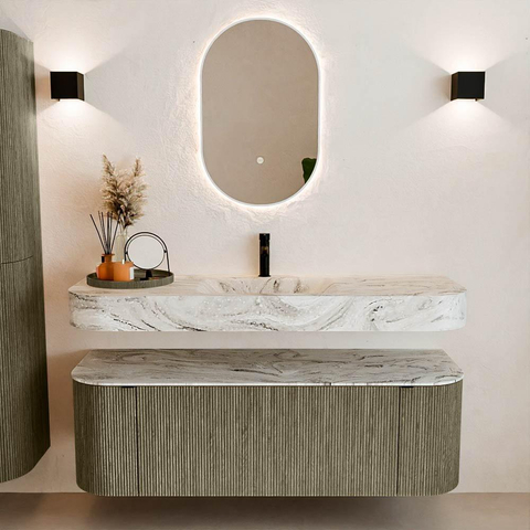 MONDIAZ THOR-DLUX 140cm meuble de salle de bains arrondi gauche + droite couleur Shadow avec 1 tiroir et 2 portes. Vasque suspendue CLOUD Milieu 1 trou de robinet couleur Glace. SW1464138