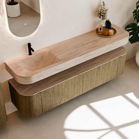 MONDIAZ THOR-DLUX 190cm meuble de salle de bains arrondi gauche + droite couleur Dusk avec 2 tiroirs et 2 portes. Vasque suspendue CLOUD Gauche 1 trou de robinet couleur Saba. SW1466658
