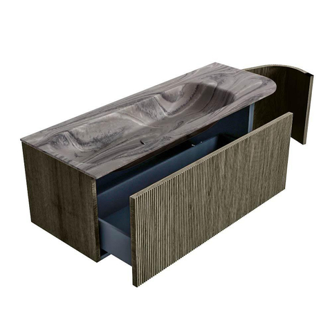 MONDIAZ KURVE-DLUX Meuble de salle de bains 125cm arrondi Droite couleur Shadow avec 1 tiroir et 1 porte. Lavabo BIG MEDIUM Gauche 1 trou de robinet Sombra. SW1433764
