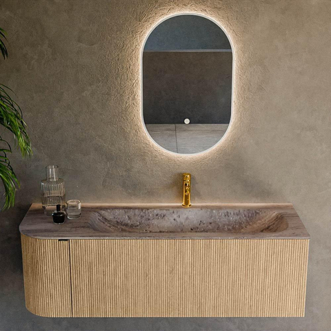MONDIAZ KURVE-DLUX meuble de salle de bains 135cm arrondi à gauche couleur Chêne avec 1 tiroir et 1 porte. Lavabo BIG MEDIUM à droite 1 trou de robinet Oza. SW1434037