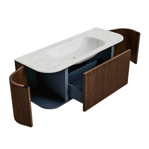 MONDIAZ KURVE-DLUX Meuble de salle de bains 120 cm avec module 25 Len R couleur Walnut avec 1 tiroir et 2 portes. Lavabo BIG SMALL central sans trou de robinet couleur Opalo. SW1137625