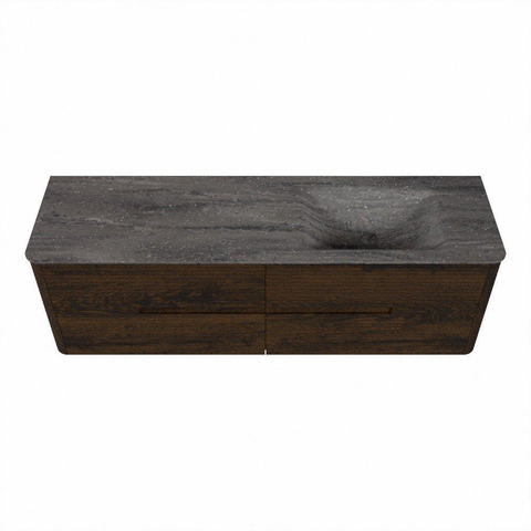 Mondiaz CIRO-DLUX Badkamermeubelset - 160x45x50cm - Solid surface wastafel Oza - 1 wasbak Rechts - zonder kraangaten - 4 lades - Walnut SW1530672
