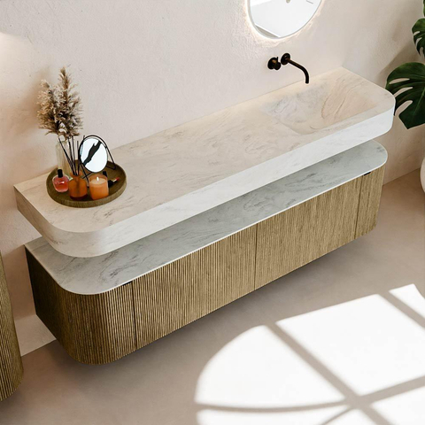 MONDIAZ THOR-DLUX Meuble de salle de bains - 180cm - arrondi gauche + droite - couleur Dusk - 2 tiroirs - 2 portes - Vasque suspendue CLOUD droite sans trou de robinet - couleur Opalo SW1465994