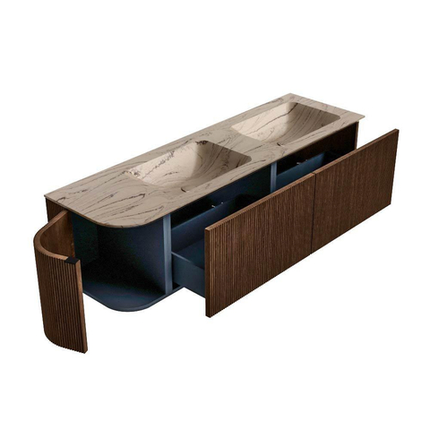MONDIAZ KURVE-DLUX Meuble de salle de bains 155cm arrondi à gauche couleur Walnut avec 2 tiroirs et 1 porte. Lavabo LEAF Double / À droite 2 trous de robinet Arena. SW1431235