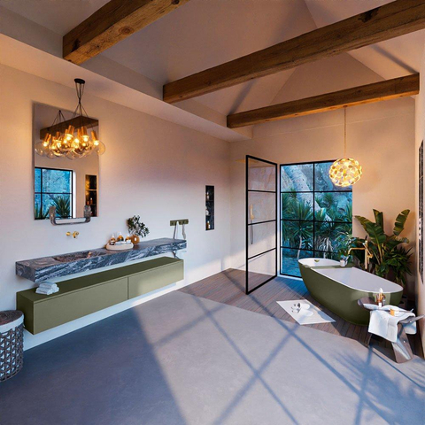 Mondiaz ALAN-DLUX Ensemble de meuble - 200cm - meuble Army mat - 2 tiroirs - Lavabo Cloud Lava suspendu - vasque Gauche - 0 trous de robinet SW808698