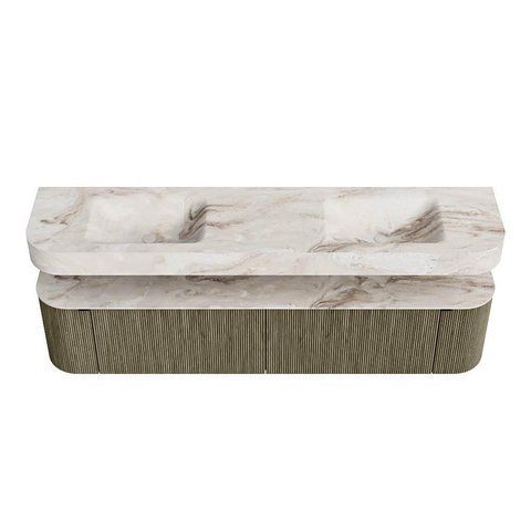 MONDIAZ THOR-DLUX 200cm meuble de salle de bains arrondi gauche + droite couleur Shadow avec 2 tiroirs et 2 portes. Vasque suspendue CLOUD Double sans trou de robinet couleur Frappe. SW1467019