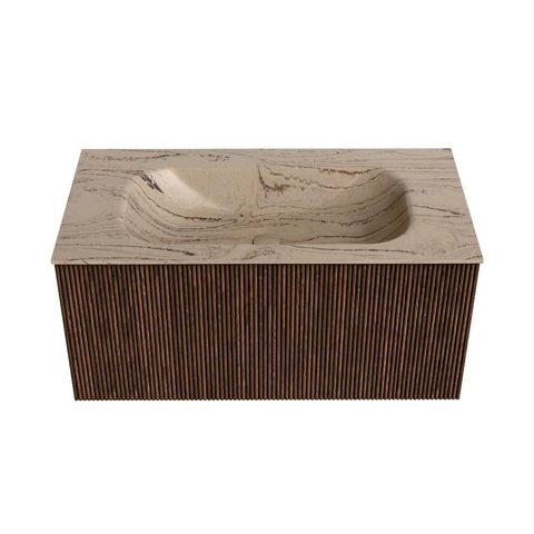 MONDIAZ KURVE-DLUX 90cm badmeubel kleur Walnut met 1 lade en 0 deuren. Wastafel BIG SMALL Midden zonder kraangat Arena. SW1431210