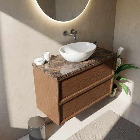 Saniclass Holz Frame Ensemble de meubles de salle de bains - 100x45x63cm - Plan de toilette en pierre naturelle Noche dark emperador - sans trou de robinetterie - 2 tiroirs - walnut pure mat (bois) SW1579873