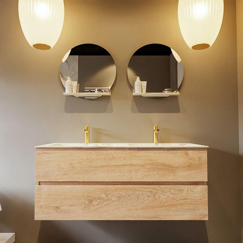 MONDIAZ VICA-DLUX Ensemble meuble de salle de bains - 120cm - meuble bas Washed Oak - 2 tiroirs - lavabo encastré Cloud double - 2 trous de robinet - version hauteur 60cm - Frappe SW1088822