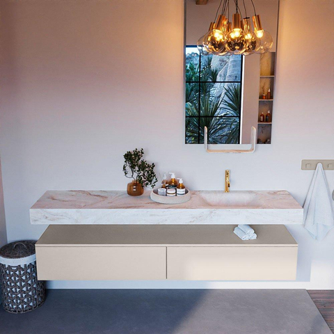 Mondiaz ALAN-DLUX Ensemble de meuble - 200cm - meuble Linen mat - 2 tiroirs - Lavabo Cloud Frappe suspendu - vasque Droite - 1 trou de robinet SW805120